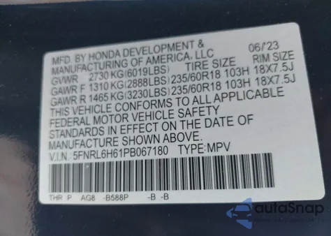 2023 Honda Odyssey Ex-L из США, поврежденный, VIN 5FNRL6H61PB067180